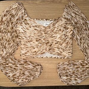 NWOT Japna Stylish Brown Patterned Women's Crop Top with Sheer Sleeves - Small